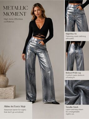 Joe’s Metallic Silver Wide-Leg High-Rise Pants